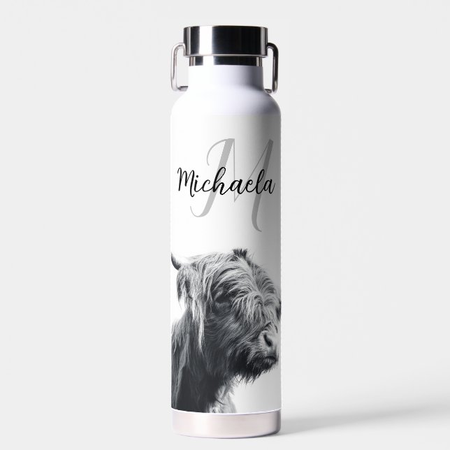 Hochlandkuhportrait Initialmonogramm Schwarz-weiß Trinkflasche (Vorne)