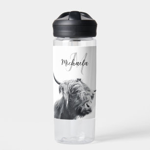 Hochlandkuhportrait Initialmonogramm Schwarz-weiß Trinkflasche