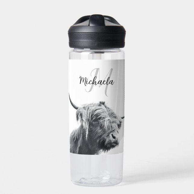Hochlandkuhportrait Initialmonogramm Schwarz-weiß Trinkflasche (Vorderseite)
