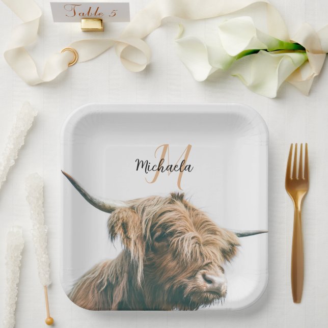 Hochlandportrait individuelle Name Pappteller (Hochzeit)