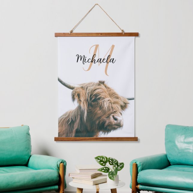 Hochlandportrait individuelle Name Wandteppich Mit Holzrahmen (Wohnzimmer)