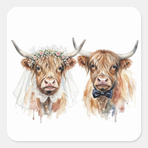 Hochlandrinder-Hochzeit in Aquarell Quadratischer Aufkleber