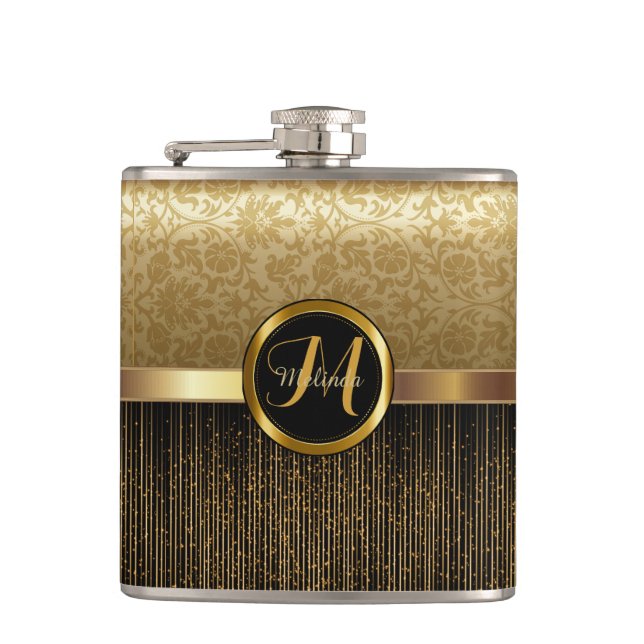 Hochskalierbares Monogramm-goldenes Muster Flachmann (Vorderseite)