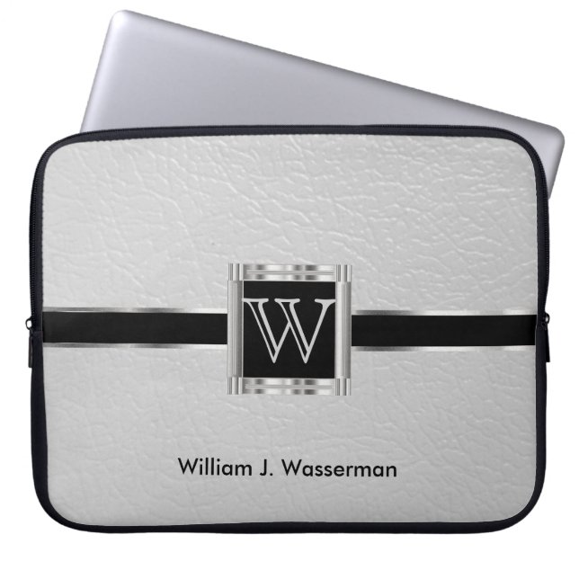 Hochskalierbares Monogramm-Weißleder Laptopschutzhülle (Vorderseite)