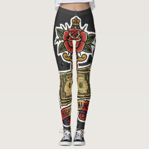 Hochwertige Geld-Dolch-Rosen-Tätowierung Flash B Leggings