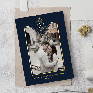 Hochwertige Navy Blüh Chic Golden Initials Folieneinladung