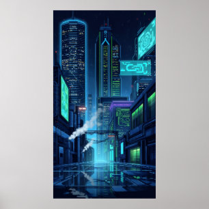 Hochwertige Neonlichter der zukünftigen Pixelstadt Poster