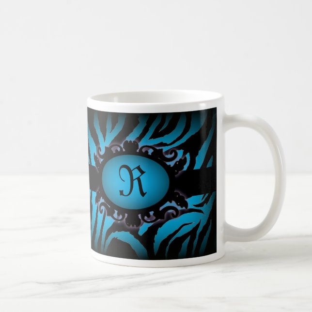 Hochwertiges Türkis Zebra Print Monogramm Kaffeetasse (Rechts)