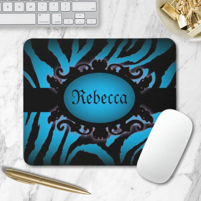 Hochwertiges Türkis Zebra Print Monogramm Mousepad (Sophisticated turquoise Zebra Print monogram Mouse Pad)