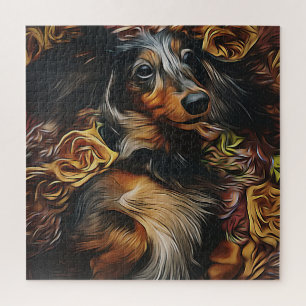 Hochwinkelportrait von Dackel auf Feld Po