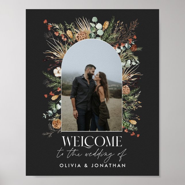 Hochzeit 1 Foto Bogen Aquarell botanisches Schwarz Poster (Vorne)