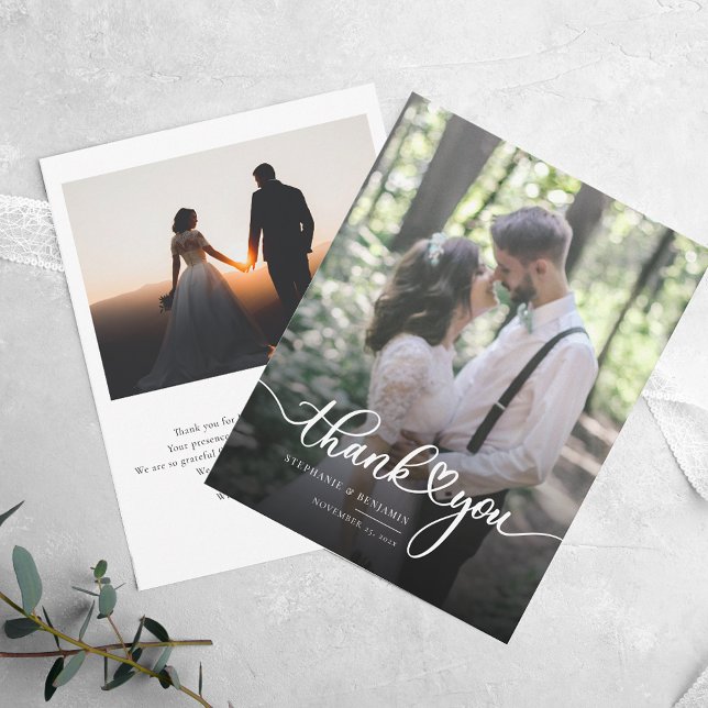 Hochzeit 2 Fotos Handschrift Vielen Dank Mitteilungskarte (Wedding Photos Elegant Script Wedding Thank You Note Card)