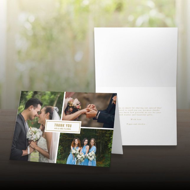 Hochzeit 3 Foto Collage Modernes Elegantes Dankeskarte (Wedding 3 Photo Collage Modern Elegant Thank You Card)