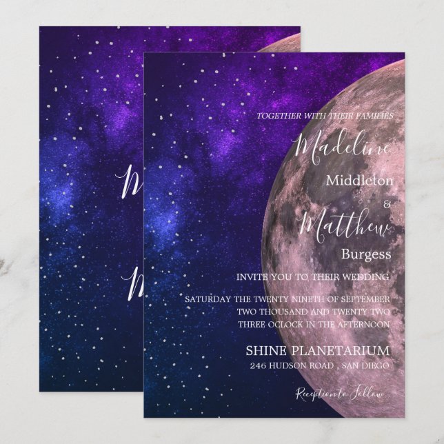 Hochzeit Abend Sky Moon Stars Lila Hochzeit Einladung (Vorne/Hinten)