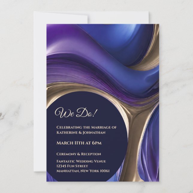 Hochzeit-Abstraktes Fluid Art-Blue Lila und Gold- Einladung (Vorderseite)