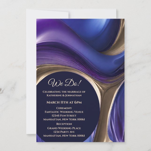 Hochzeit-Abstraktes Fluid Art-Blue Lila und Gold- Einladung (Vorderseite)