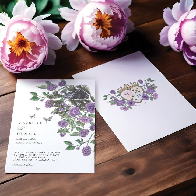 Hochzeit Alice im Wunderland Cheshire Cat & Floral Einladung (Wedding Alice In Wonderland Cheshire Cat & Florals Invitation)