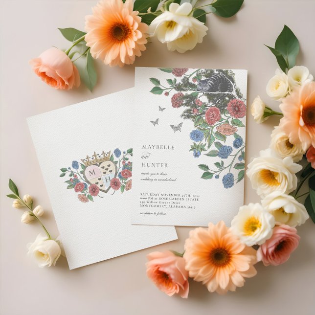 Hochzeit Alice im Wunderland Cheshire Cat & Floral Einladung (Wedding Alice In Wonderland Cheshire Cat & Florals Invitation)
