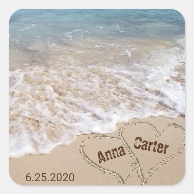 Hochzeit am Meer mit Strandherzen Quadratischer Aufkleber (Vorderseite)