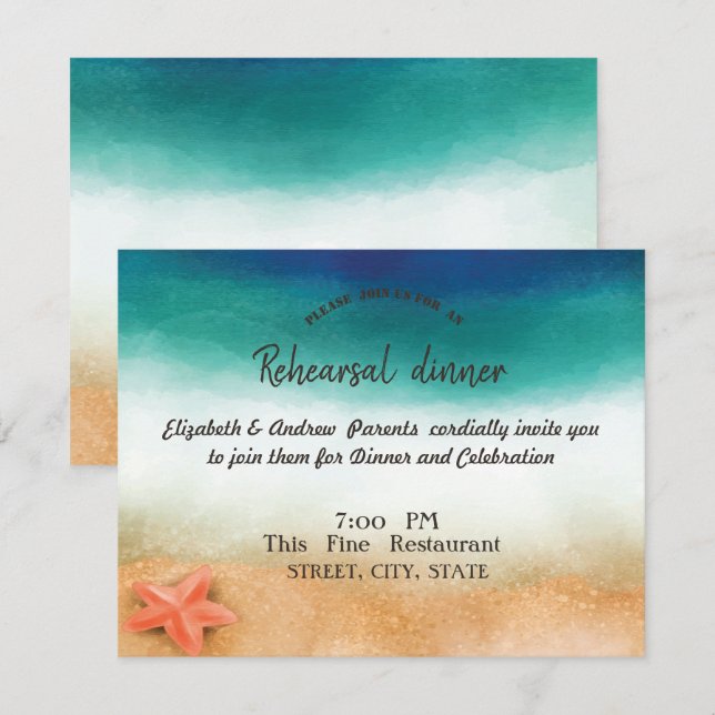 Hochzeit am Strand, Abendessen bei Probe Starfish Einladung (Vorne/Hinten)
