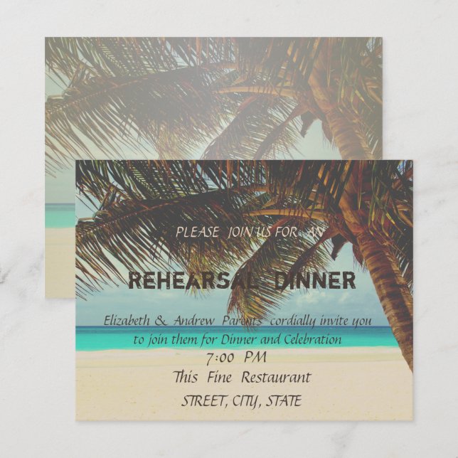 Hochzeit am Strand, Abendessen in Palm Probe Einladung (Vorne/Hinten)