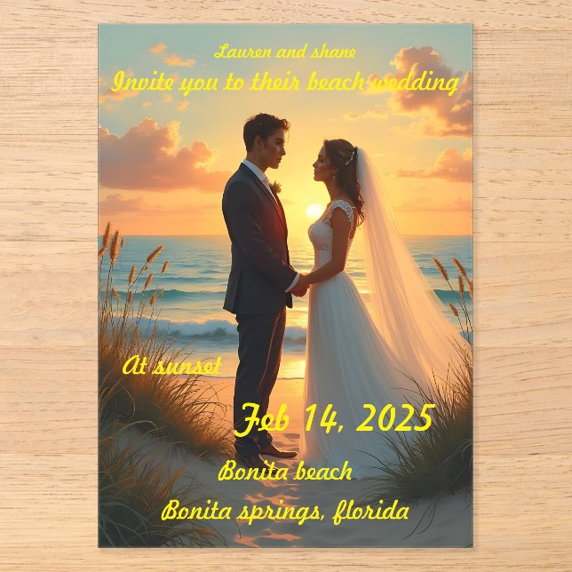 Hochzeit am Strand bei Sonnenuntergang Acryleinladungen (Vorderseite)