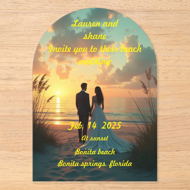 Hochzeit am Strand bei Sonnenuntergang Acryleinladungen (Vorderseite)