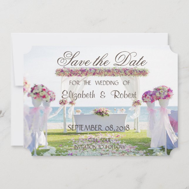 Hochzeit am Strand, blumengeschmückt Save the Date (Vorderseite)