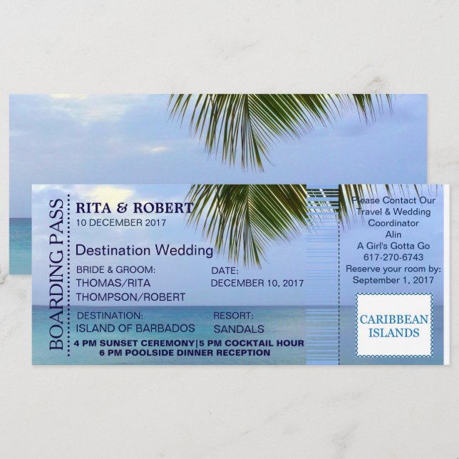 Hochzeit am Strand | Boarding Pass Ticket-Zielort Einladung (Vorne/Hinten)