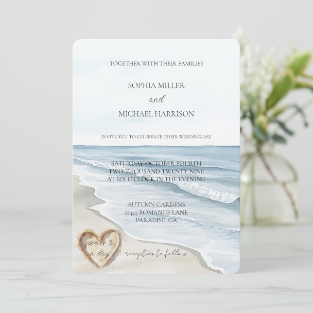 Hochzeit am Strand Einladung (Stehend Vorderseite)