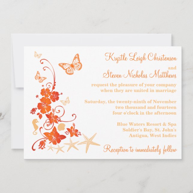 Hochzeit am Strand | Sand, Orange, Weiß | BLUME Einladung (Vorderseite)