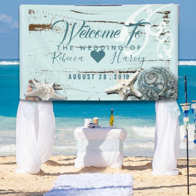 Hochzeit am tropischen Strand Aqua Blue Seashell Banner (tropical beach aqua blue seashell wedding banner)