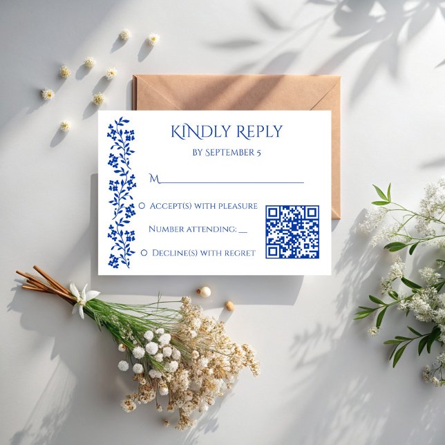 Hochzeit am Vintagen Blütenrand qr RSVP Karte (Navy blue vintage floral border wedding qr RSVP cards)