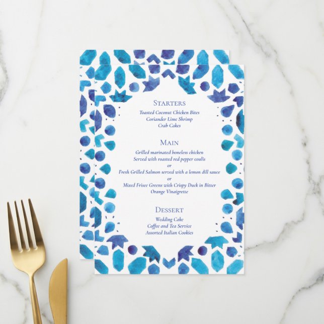 Hochzeit an der blauen Küste Menükarte (Vorderseite/Rückseite Beispiel)