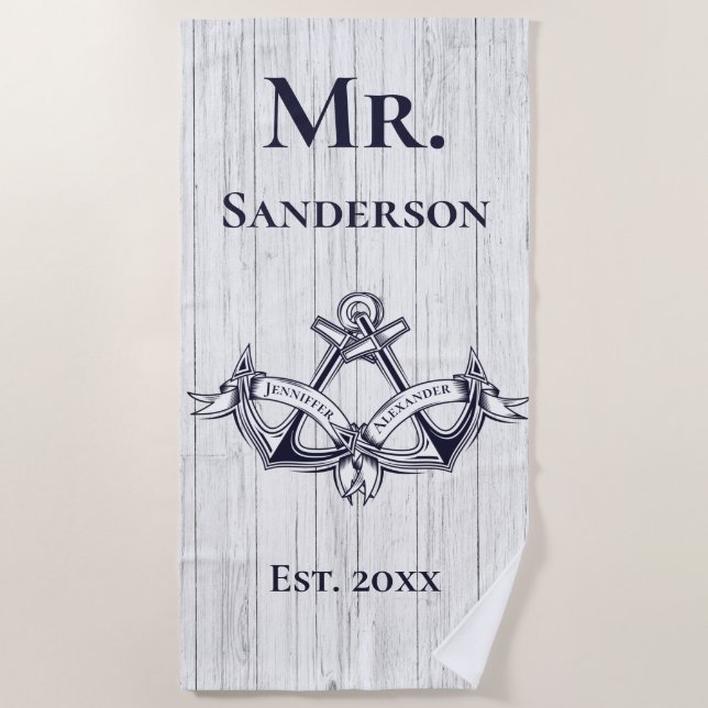 Hochzeit Anchor Herr Navy Blue Nautical Monogram Strandtuch (Vorderseite)