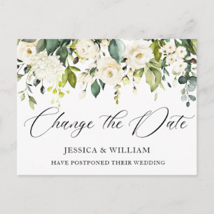 Hochzeit ändert das Datum der eleganten weißen Ros Postkarte