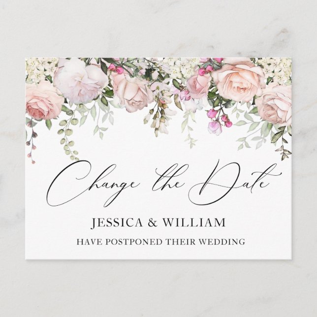 Hochzeit ändert das Datum Elegante Blush Rose Postkarte (Vorderseite)