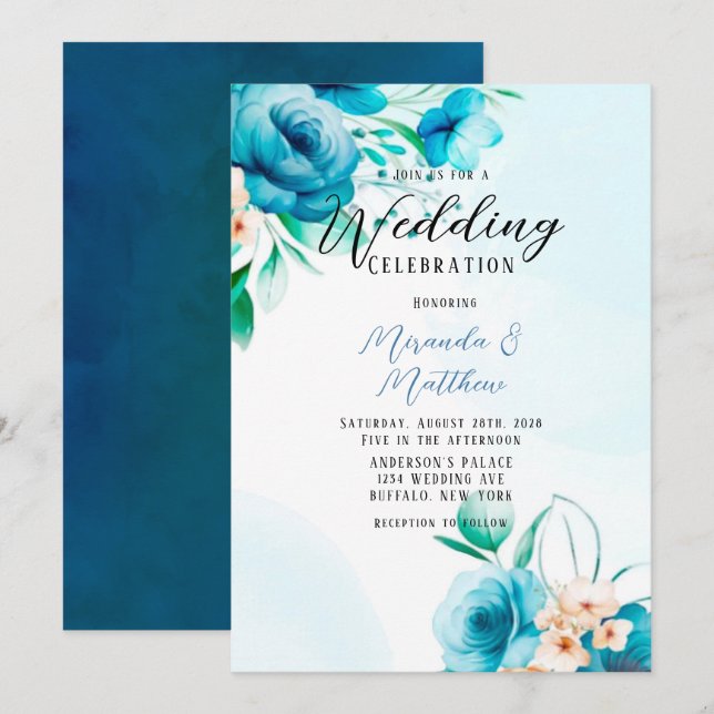 Hochzeit aquamarin und peach Wassercolor Florals Einladung (Vorne/Hinten)