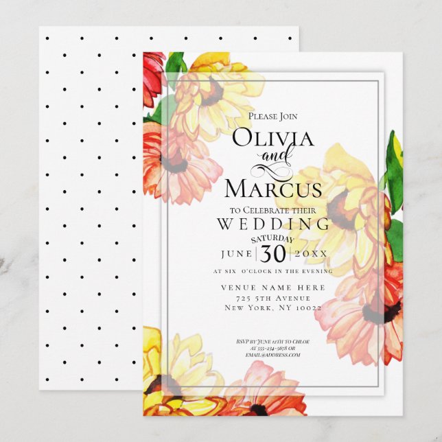 Hochzeit | Aquarell Gelb und Rot Gerbera Daisy Einladung (Vorne/Hinten)