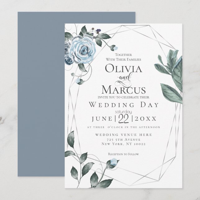 HOCHZEIT | Aquarellfarben, blau, floralblau Einladung (Vorne/Hinten)