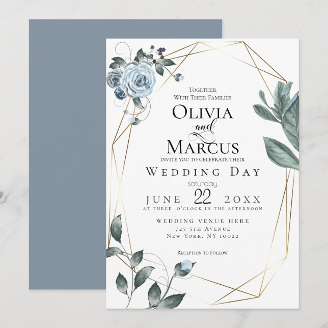 HOCHZEIT | Aquarellfarben, blau, floralblau Einladung (Vorne/Hinten)