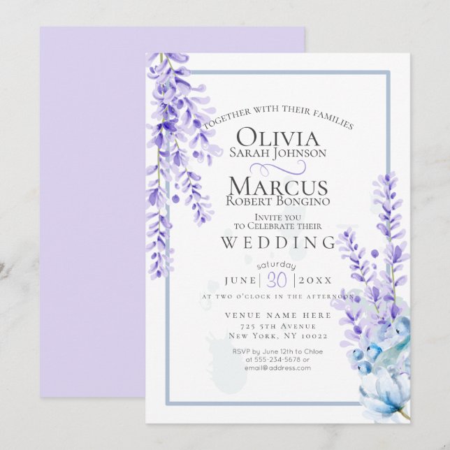 Hochzeit | Aquarelllavender - Dusty Blue Florals Einladung (Vorne/Hinten)