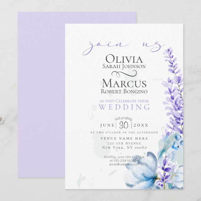 Hochzeit | Aquarelllavender - Dusty Blue Florals Einladung (Vorne/Hinten)