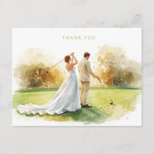 Hochzeit auf dem Golfplatz mit Braut und Bräutigam Postkarte