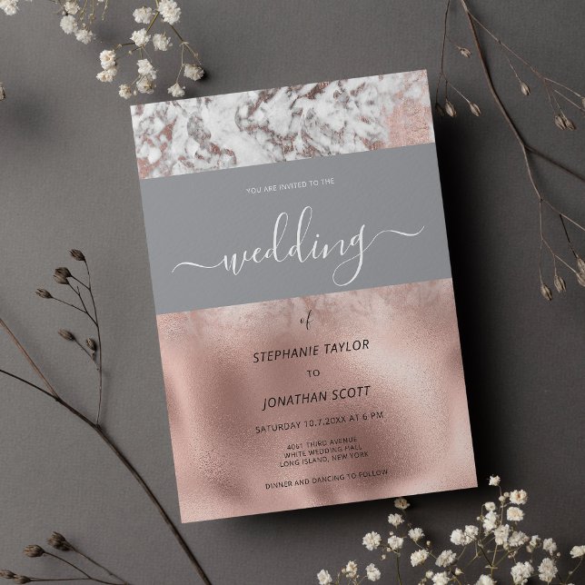 Hochzeit aus grauem, goldfarbenem Luxusgold Einladung (Luxury gray white rose gold marble wedding)