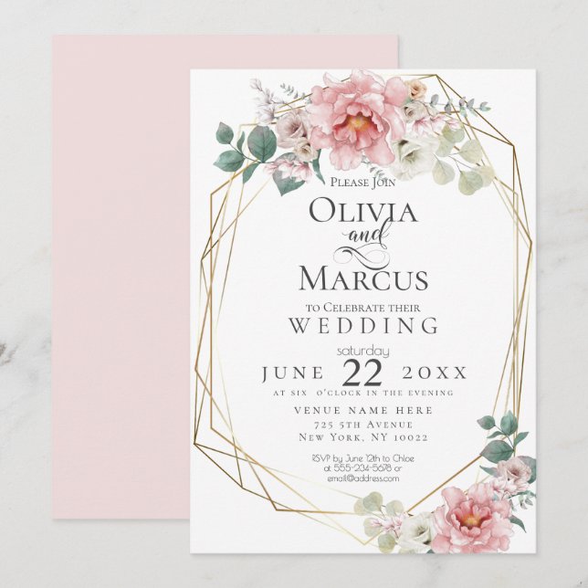 Hochzeit | Baby Pink Peony Watercolor Blume Einladung (Vorne/Hinten)