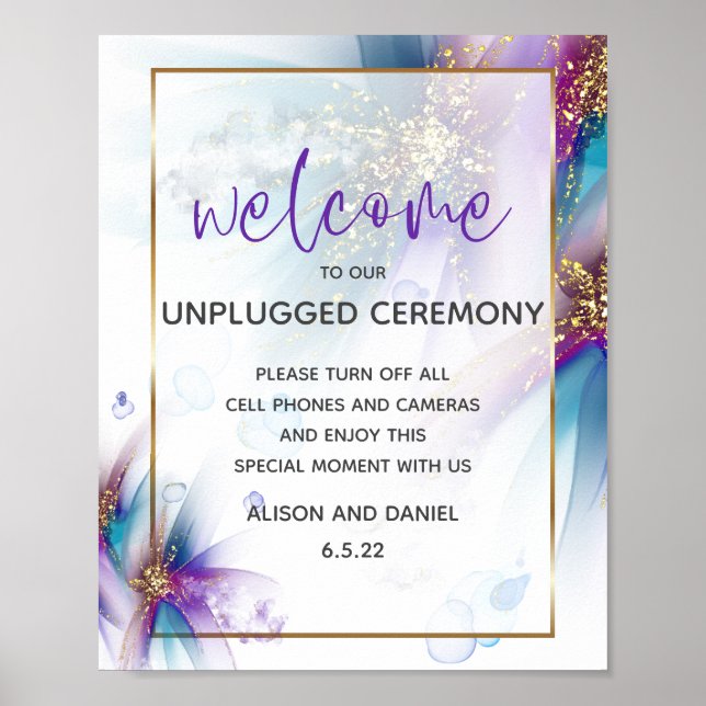 Hochzeit Begrüßung Aquamarine Lila Abstrakte Blume Poster (Vorne)