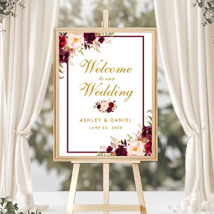Hochzeit Begrüßung Burgundy Gold Aquarellblume Poster