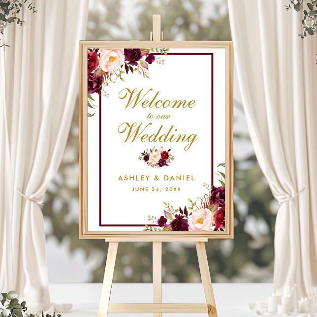 Hochzeit Begrüßung Burgundy Gold Aquarellblume Poster (Customize to change text color, text size, text style or size of poster.)