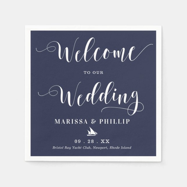 Hochzeit Begrüßung handgeschriebenes Nautical Navy Serviette (Vorderseite)